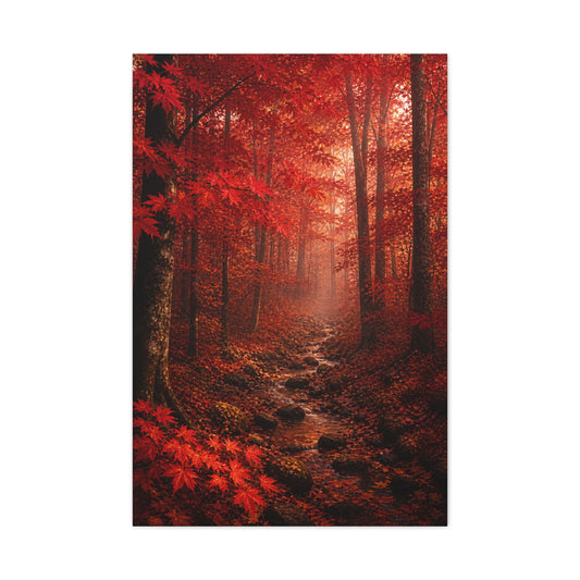 Crimson Autumn Forest Stream Wall Art & Canvas Print
