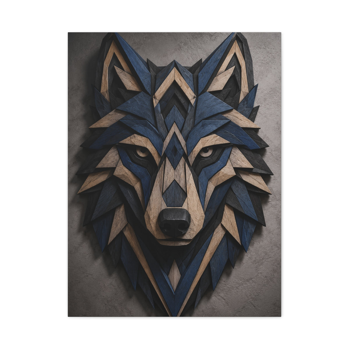 Layered Blue Geometric Wolf Head Sculpture Wall Art & Canvas Print