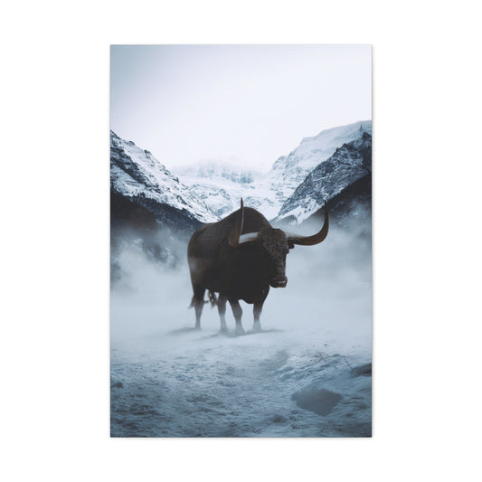 Lone Bull in Snowy Mountain Valley Wall Art & Canvas Print