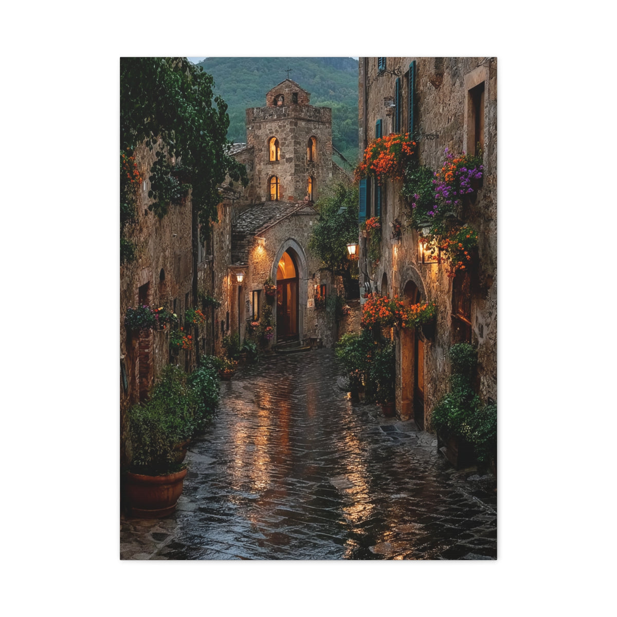 Tuscan Village Rain Street Wall Art & Canvas Print