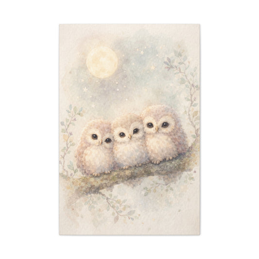 Moonlit Owlet Trio Watercolor Wall Art & Canvas Print