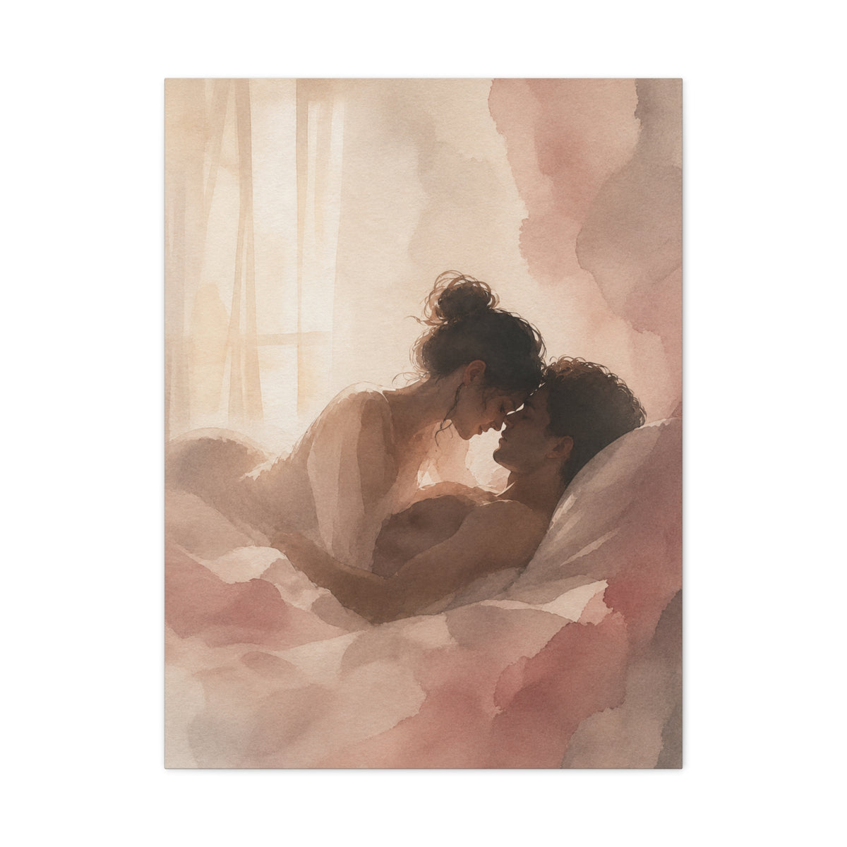 Soft Watercolor Lovers Sunrise Embrace Wall Art & Canvas Print