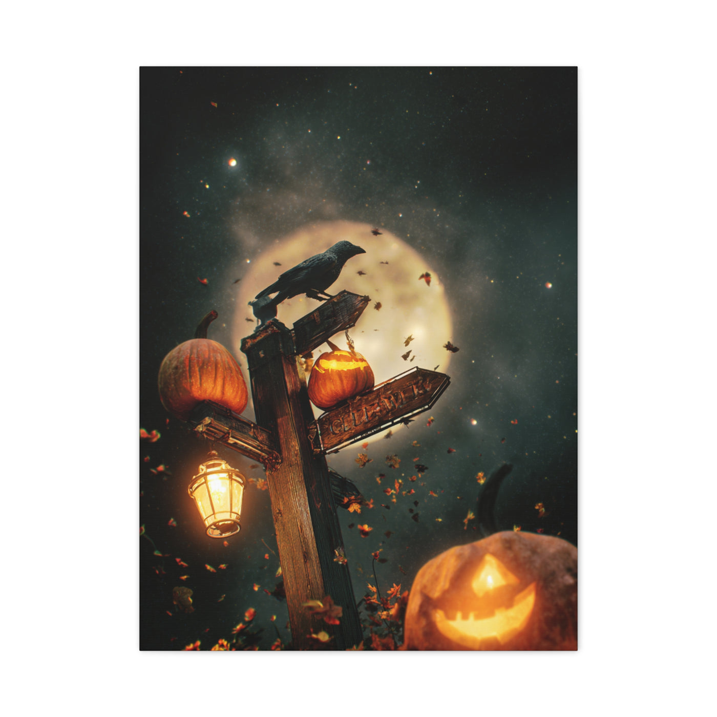 Crow on Pumpkin Signpost Under the Full Moon Wall Art & Canvas Print