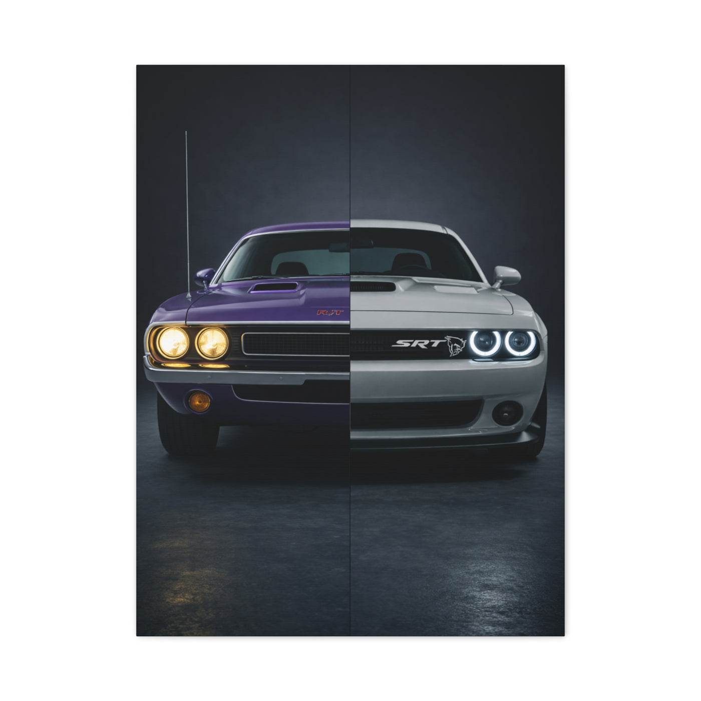 Dodge Challenger Heritage Split 1970 vs Modern SRT Wall Art & Canvas Prints