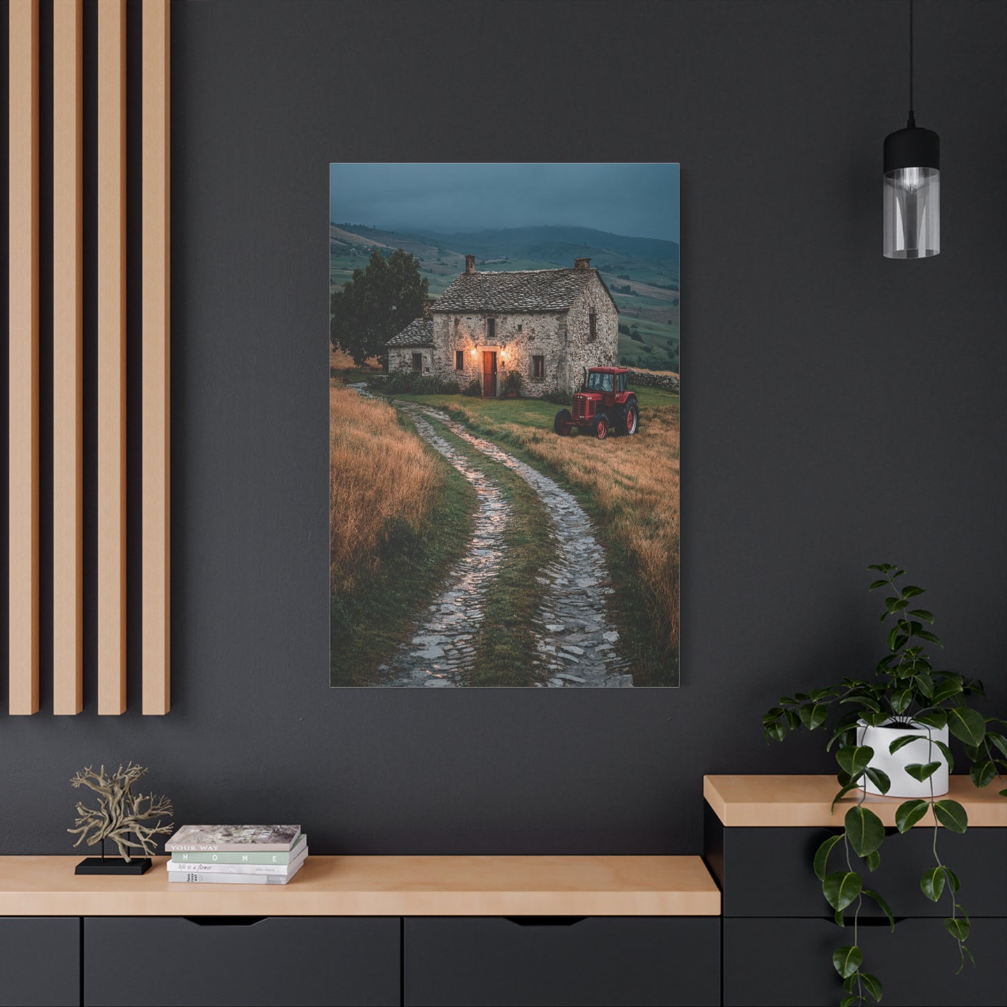 Stone Farmhouse with Red Tractor Landscape Wall Art & Canvas Print