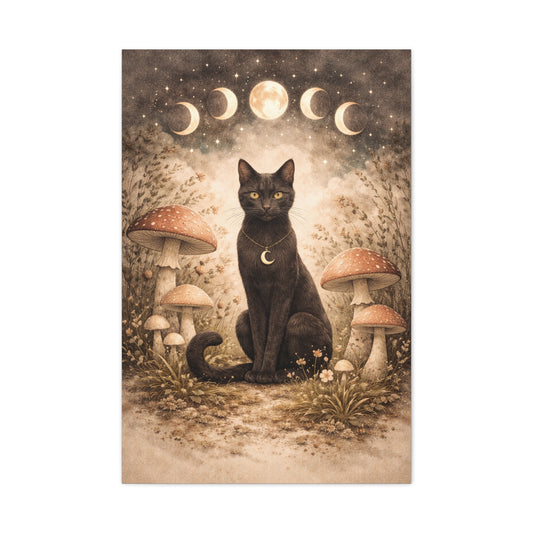Mystical Boho Black Cat and Mushroom Night Scene Wall Art & Canvas Print