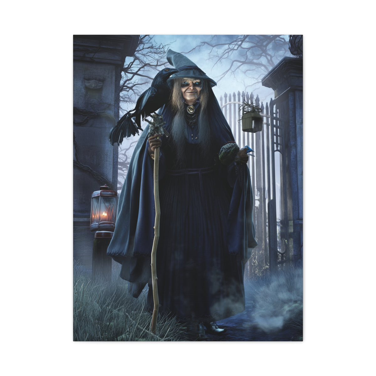 Witch with Raven at the Moonlit Cemetery Gate Wall Art & Canvas Print