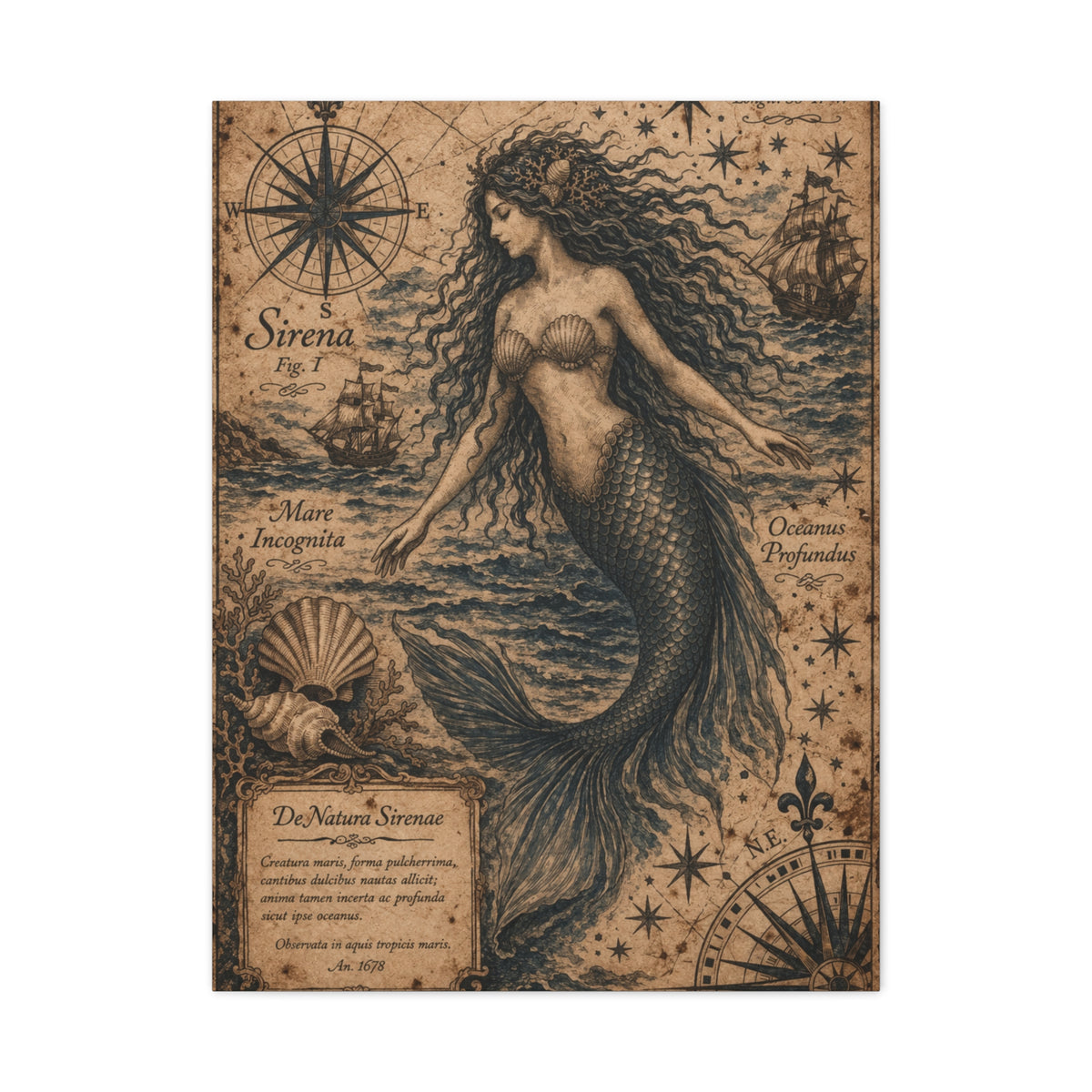 Antique Nautical Sirena Illustration Wall Art & Canvas Print