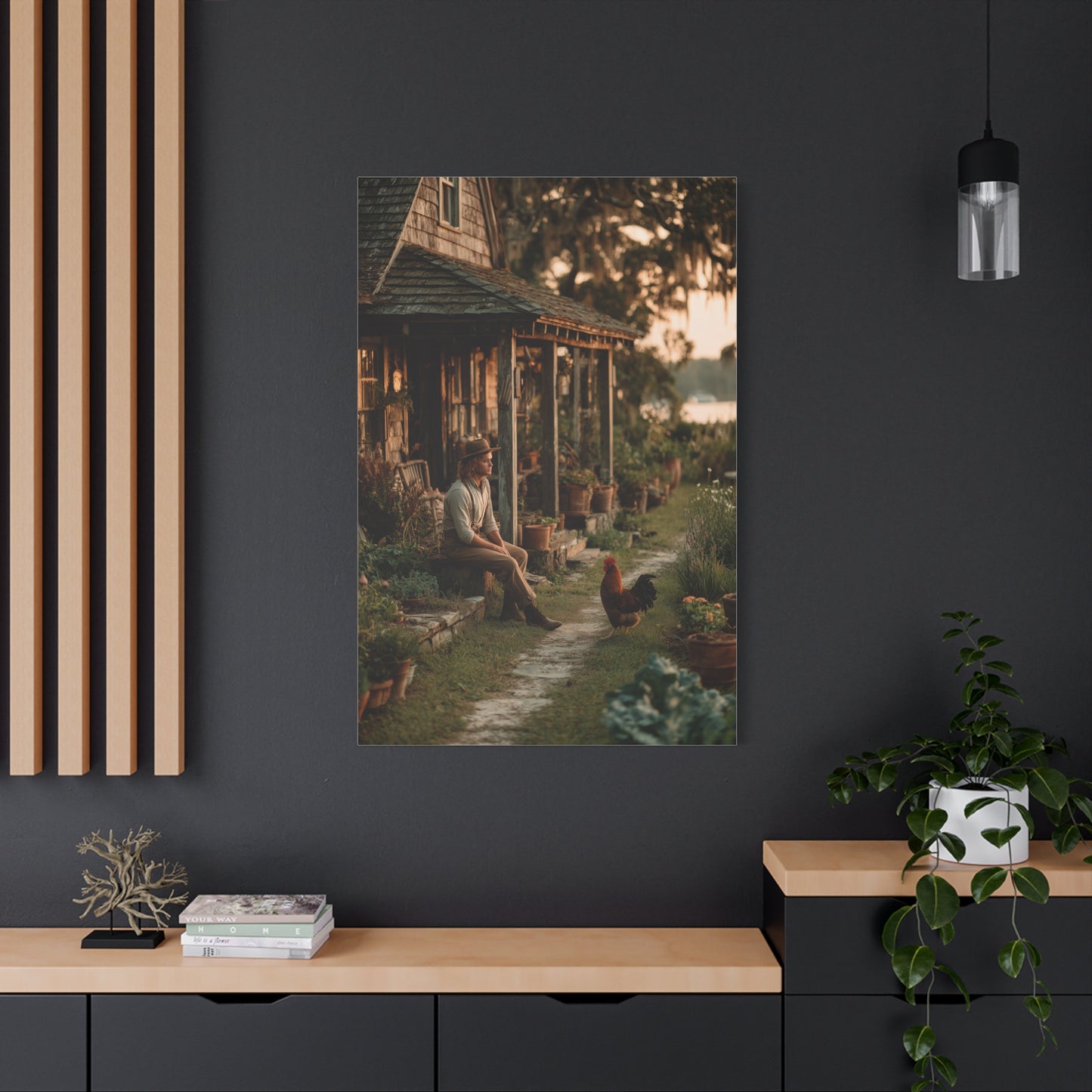 Farmhouse Porch Rooster Scene Wall Art & Canvas Print