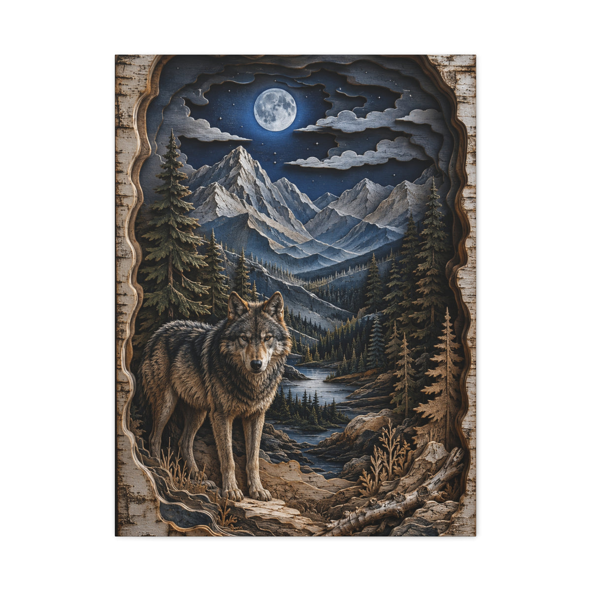 Rustic Mountain Wolf Shadowbox Landscape Wall Art & Canvas Print
