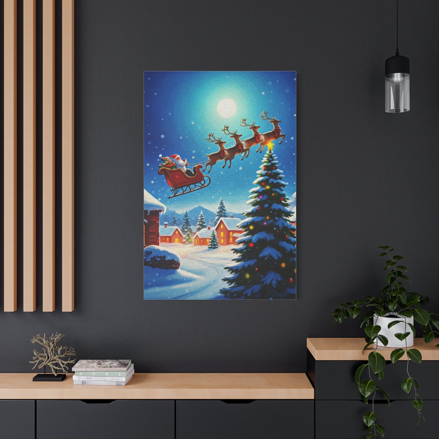 Santa Sleigh Flying Over Snowy Christmas Village Wall Art & Canvas Print