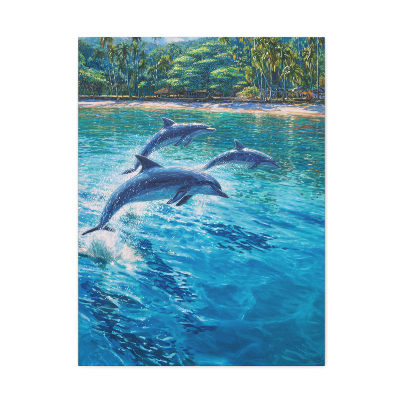 Dolphins Leaping Near Tropical Coastline Wall Art & Canvas Print