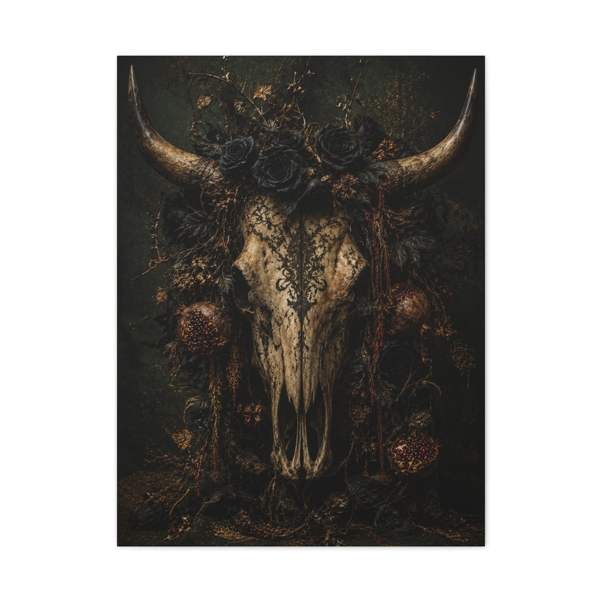 Dark Floral Longhorn Skull Statement Wall Art & Canvas Print