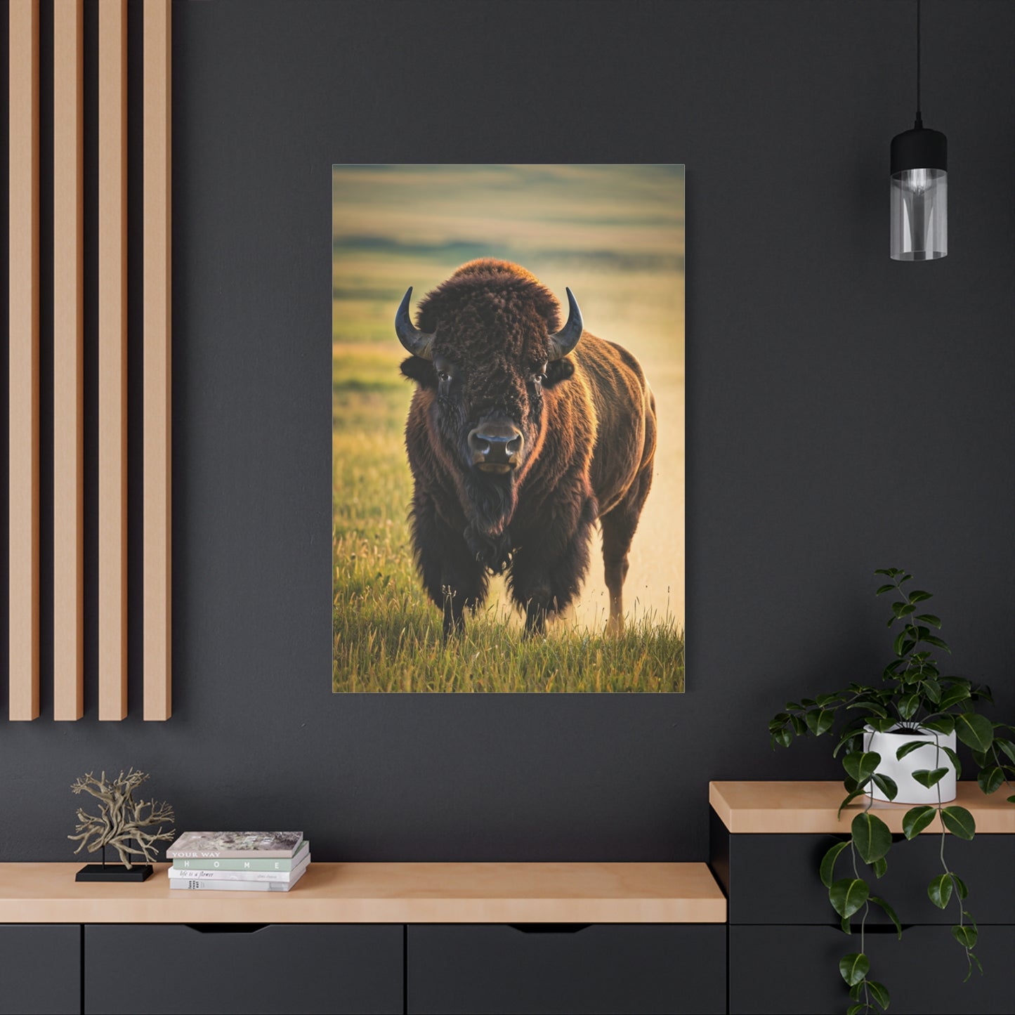 American Baby Bison Walking Through Prairie Grass Wall Art & Canvas Print