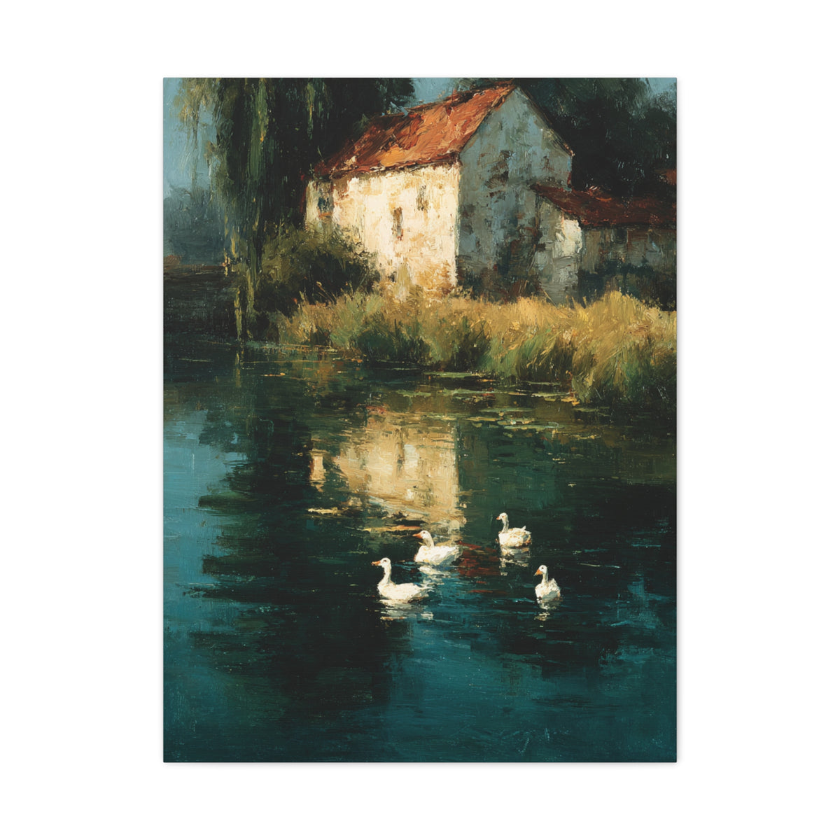 Farmhouse Pond with Ducks Reflection Wall Art & Canvas Print