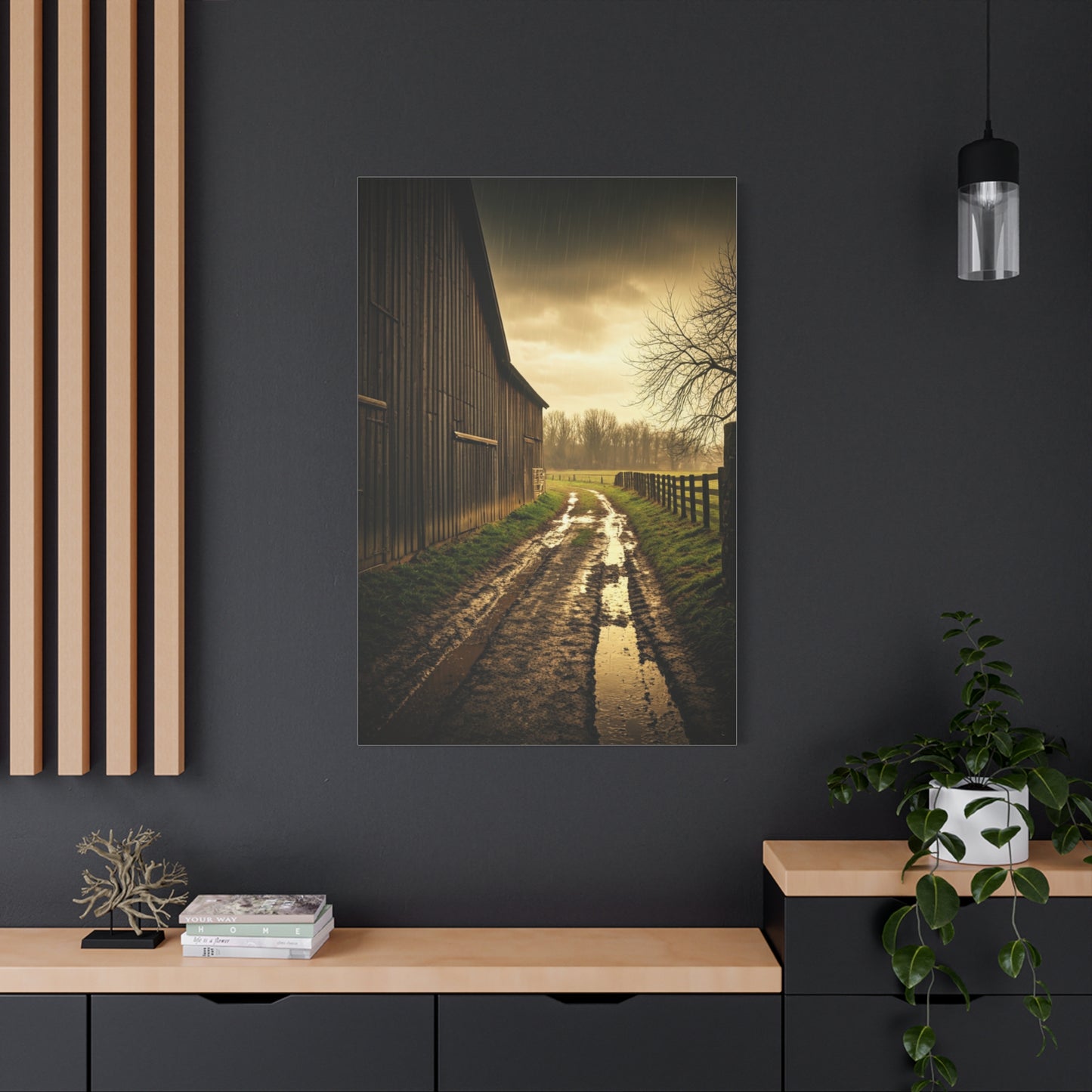 Rain-Soaked Farm Road Beside the Barn Wall Art & Canvas Prints