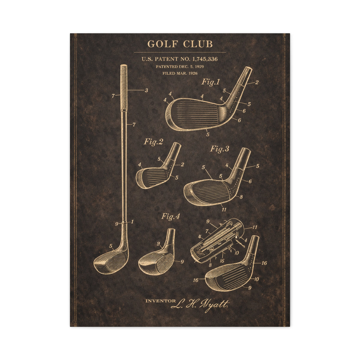 Antique Golf Club Patent Diagram Wall Art & Canvas Print
