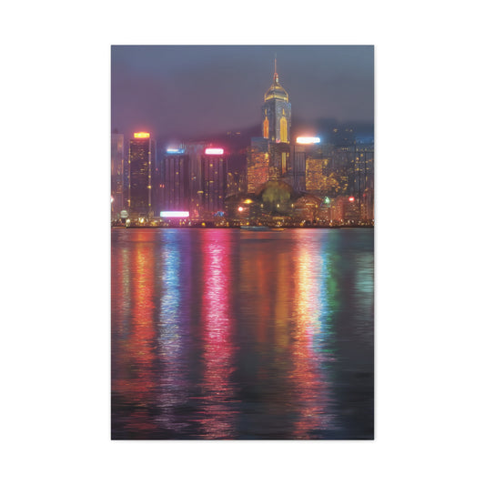 Hong Kong Skyline Rainy Neon Reflections Wall Art & Canvas Print
