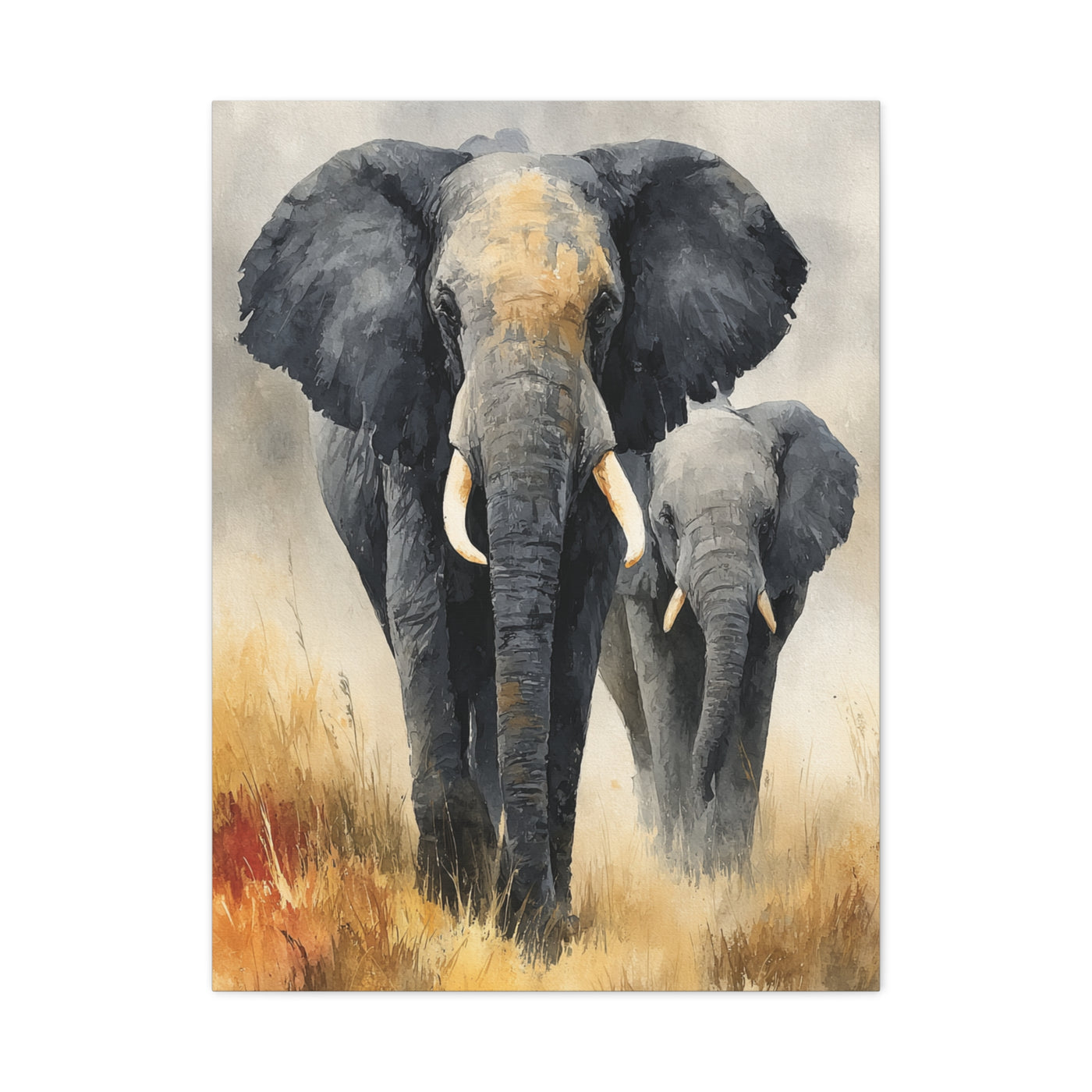 Mother and Calf Elephant Watercolor Wall Art & Canvas Print