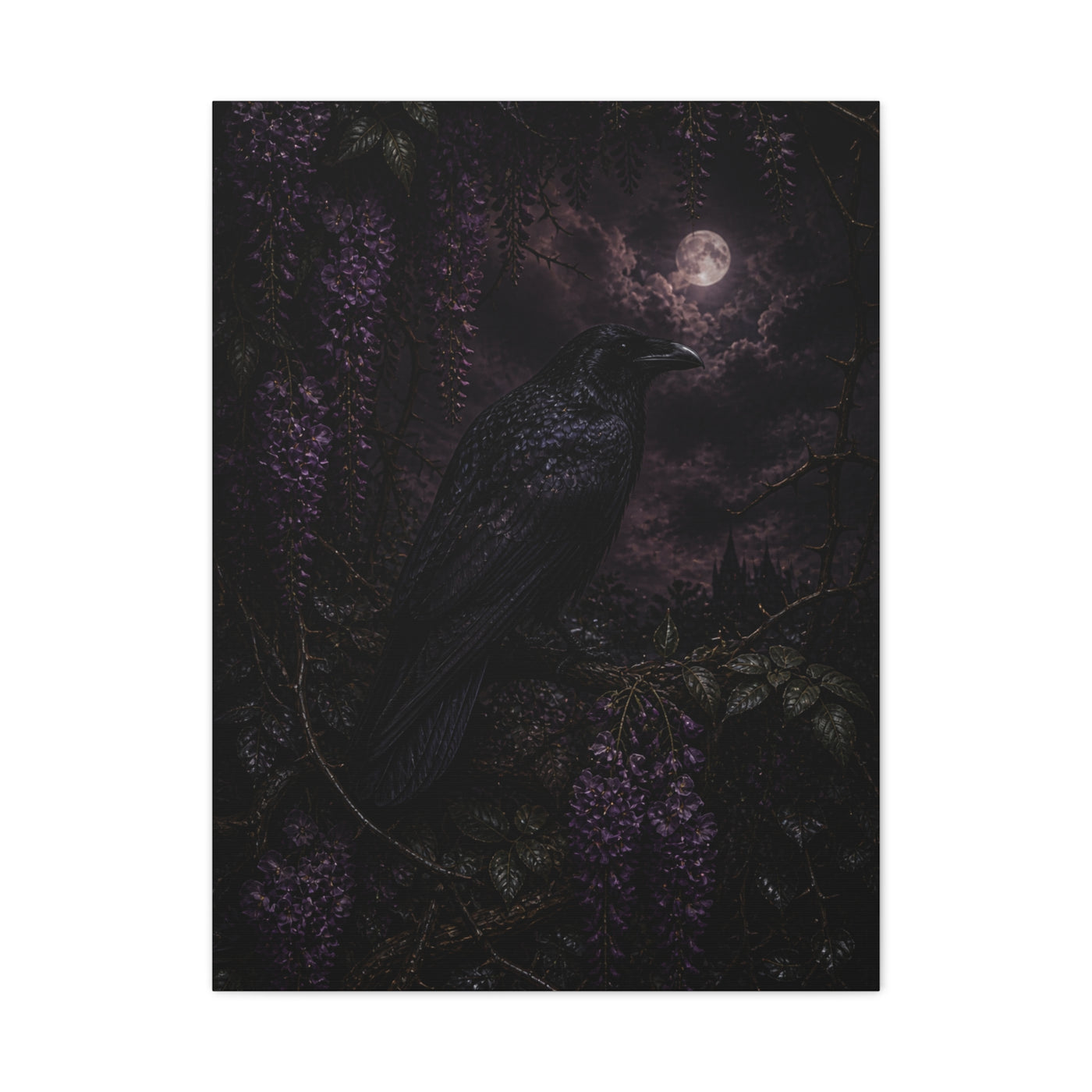 Raven in Wisteria Moonlit Scene Wall Art & Canvas Print