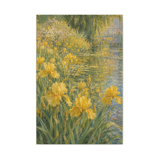 Impressionist Yellow Iris Garden Waterside Scene Wall Art & Canvas Print