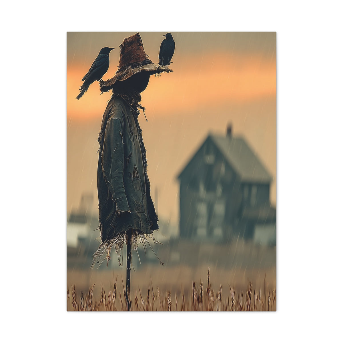 Old Scarecrow in Harvest Field with Crows Wall Art & Canvas Print