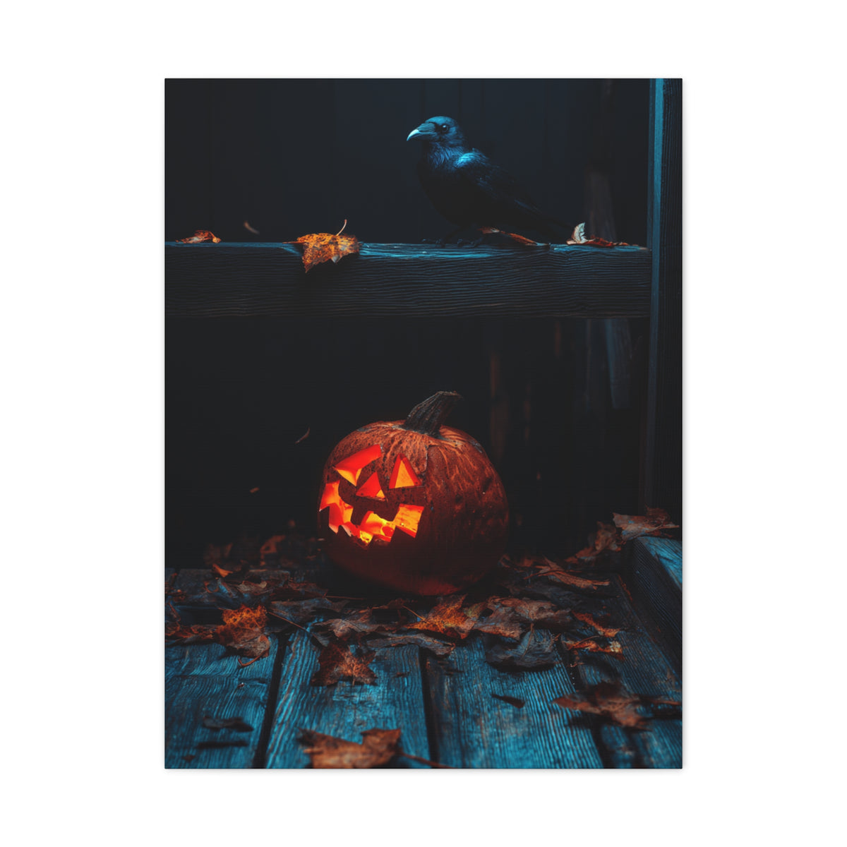 Jack-O’-Lantern and Crow on Moonlit Porch Wall Art & Canvas Print