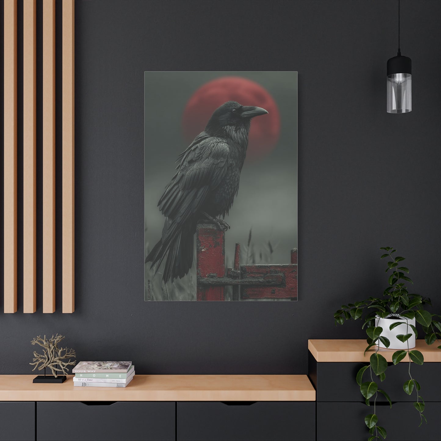 Raven Beneath the Crimson Moon Wall Art & Canvas Print