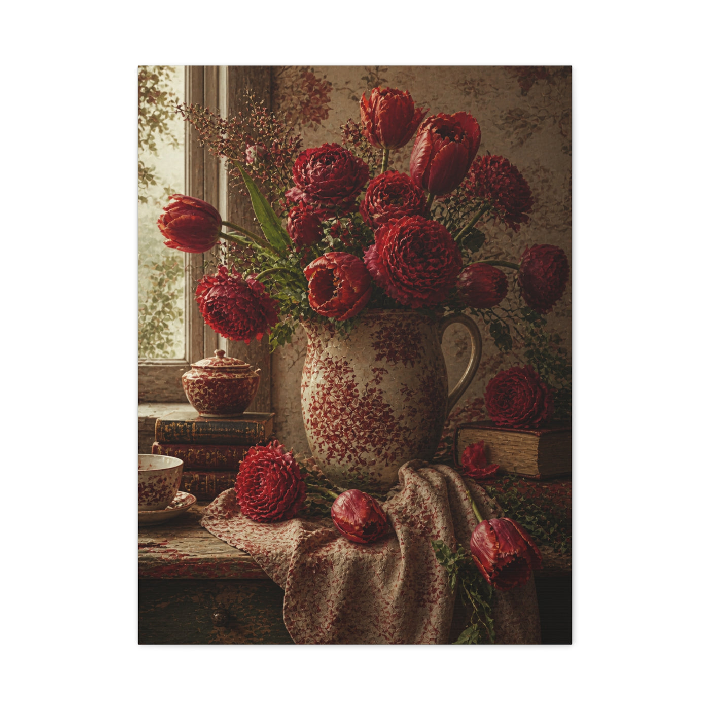 English Cottage Red Floral Still Life Wall Art & Canvas Print