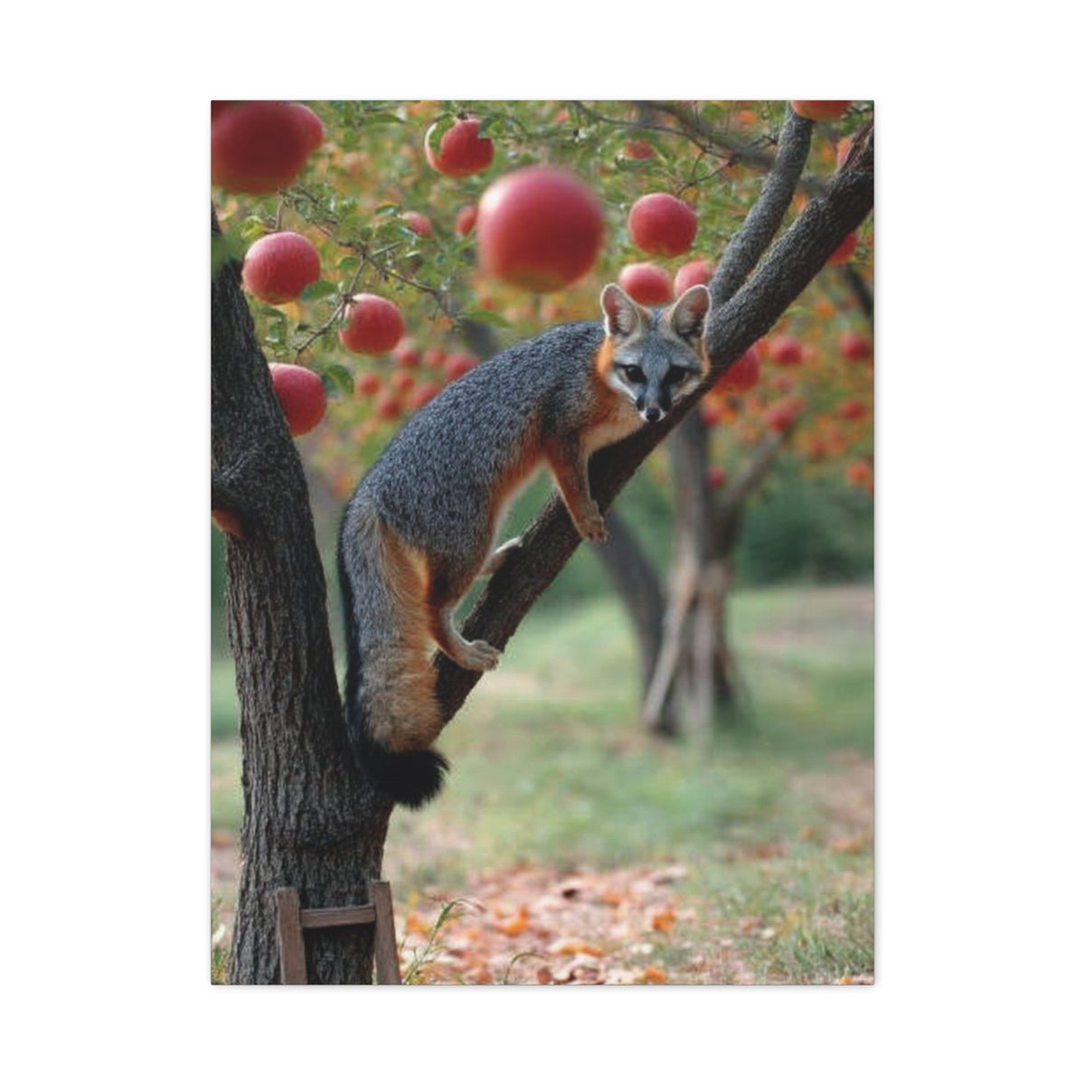 Orchard Gray Fox Climbing Apple Tree Wall Art & Canvas Print