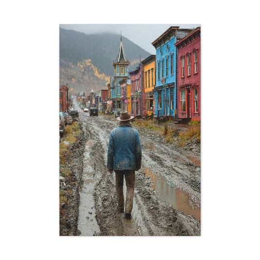 Lone Cowboy Walking Through a Rainy Frontier Street Wall Art & Canvas Print