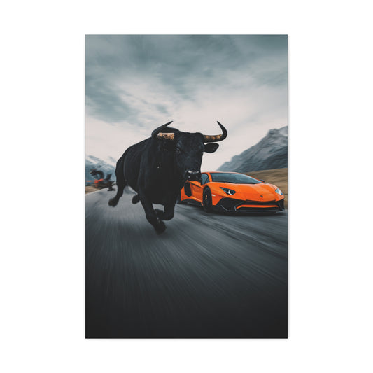 Charging Bull vs Lamborghini Aventador Power Duel Wall Art & Canvas Print