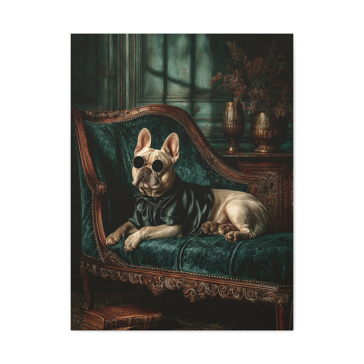 French Bulldog on Emerald Velvet Chaise Wall Art & Canvas Print