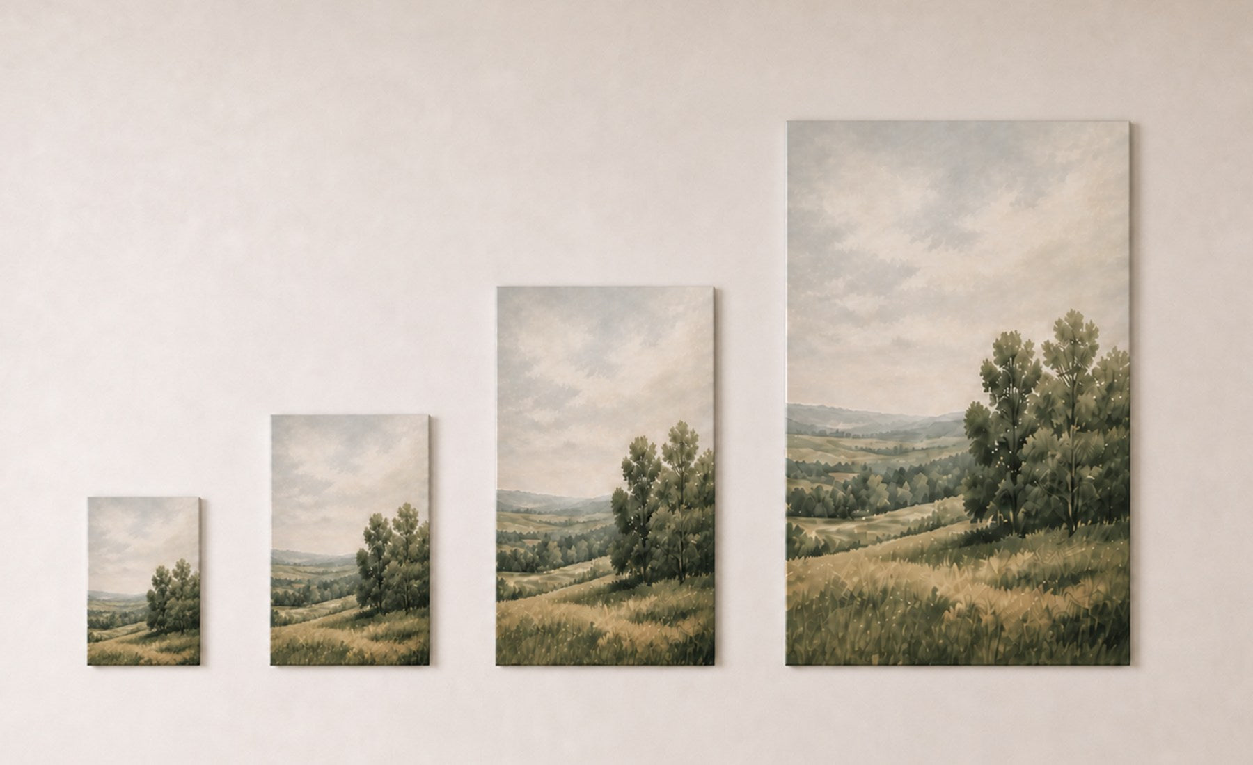The same landscape artwork at four sizes above a linen sofa