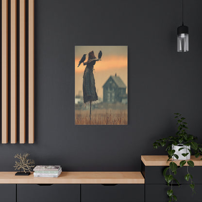 Old Scarecrow in Harvest Field with Crows Wall Art & Canvas Print