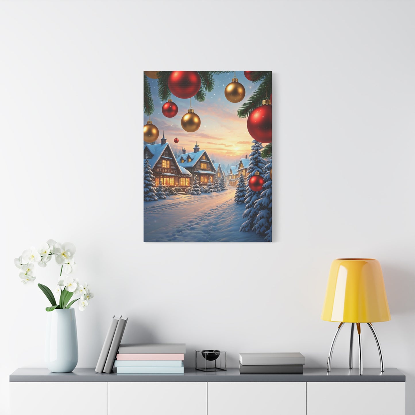 Snowy Christmas Village With Festive Ornaments Wall Art & Canvas Print