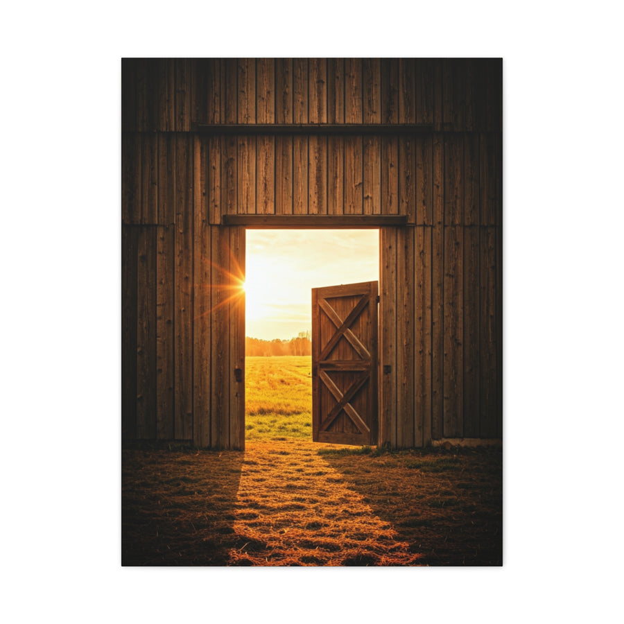 Open Barn Door at Sunrise Wall Art & Canvas Prints