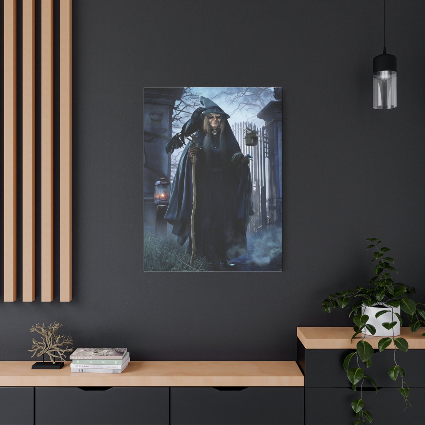 Witch with Raven at the Moonlit Cemetery Gate Wall Art & Canvas Print