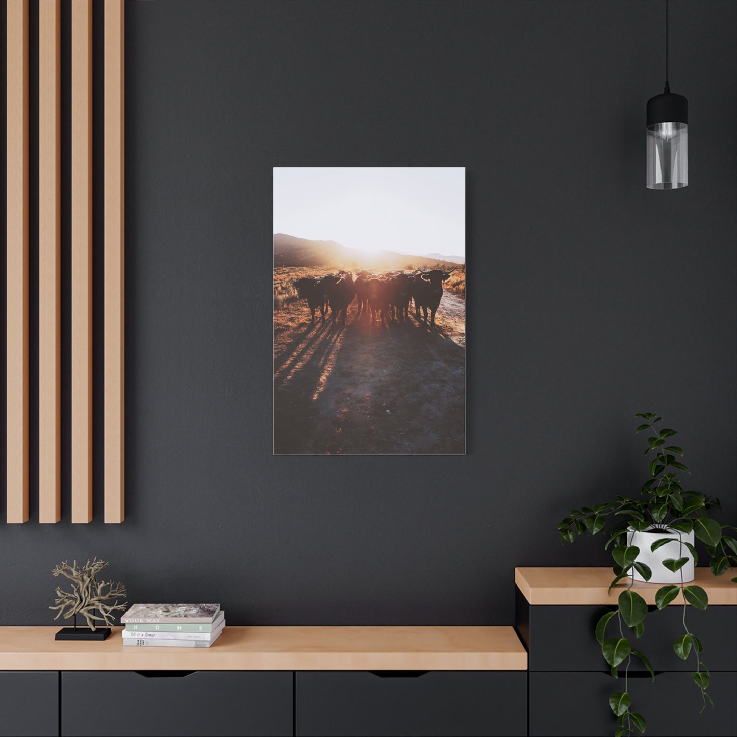 Sunset Bull Herd Silhouette Wall Art & Canvas Print