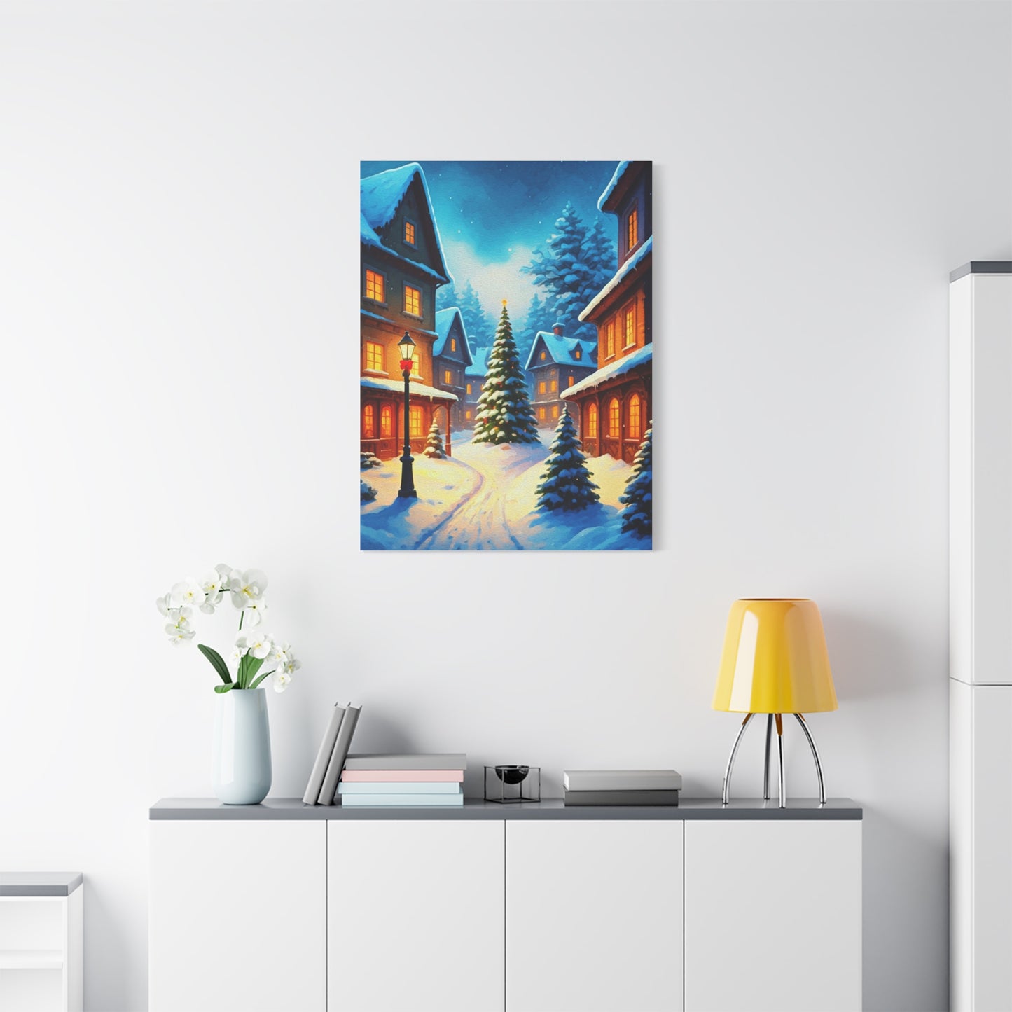 Watercolor Winter Village Christmas Scene Wall Art & Canvas Print