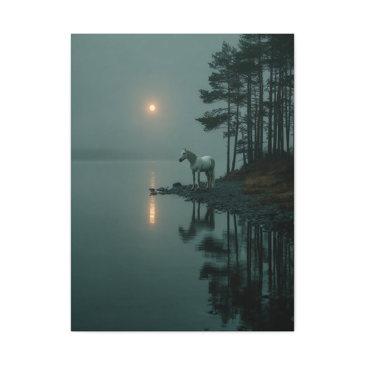 Gray Horse Moonlit Lake Wall Art & Canvas Print