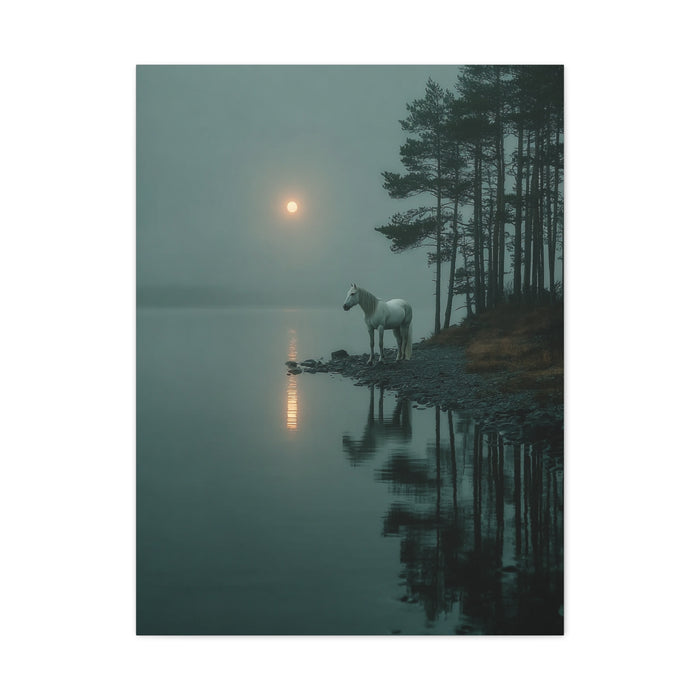 Gray Horse Moonlit Lake Wall Art & Canvas Print