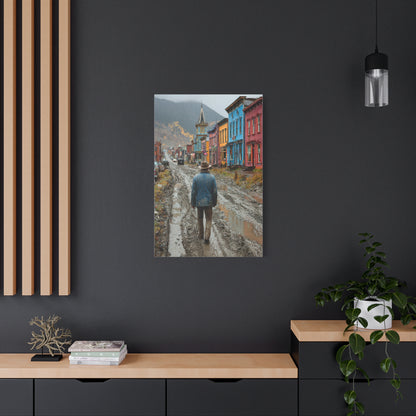 Lone Cowboy Walking Through a Rainy Frontier Street Wall Art & Canvas Print