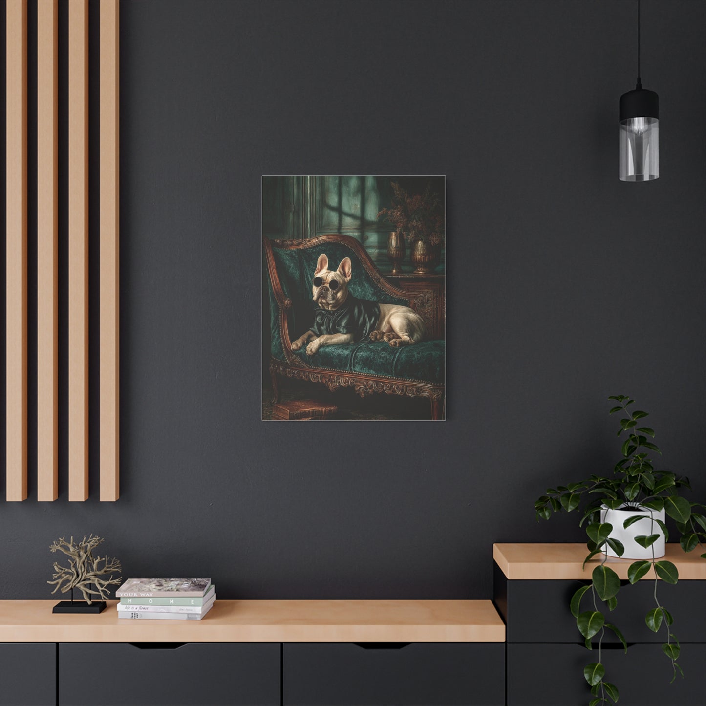 French Bulldog on Emerald Velvet Chaise Wall Art & Canvas Print