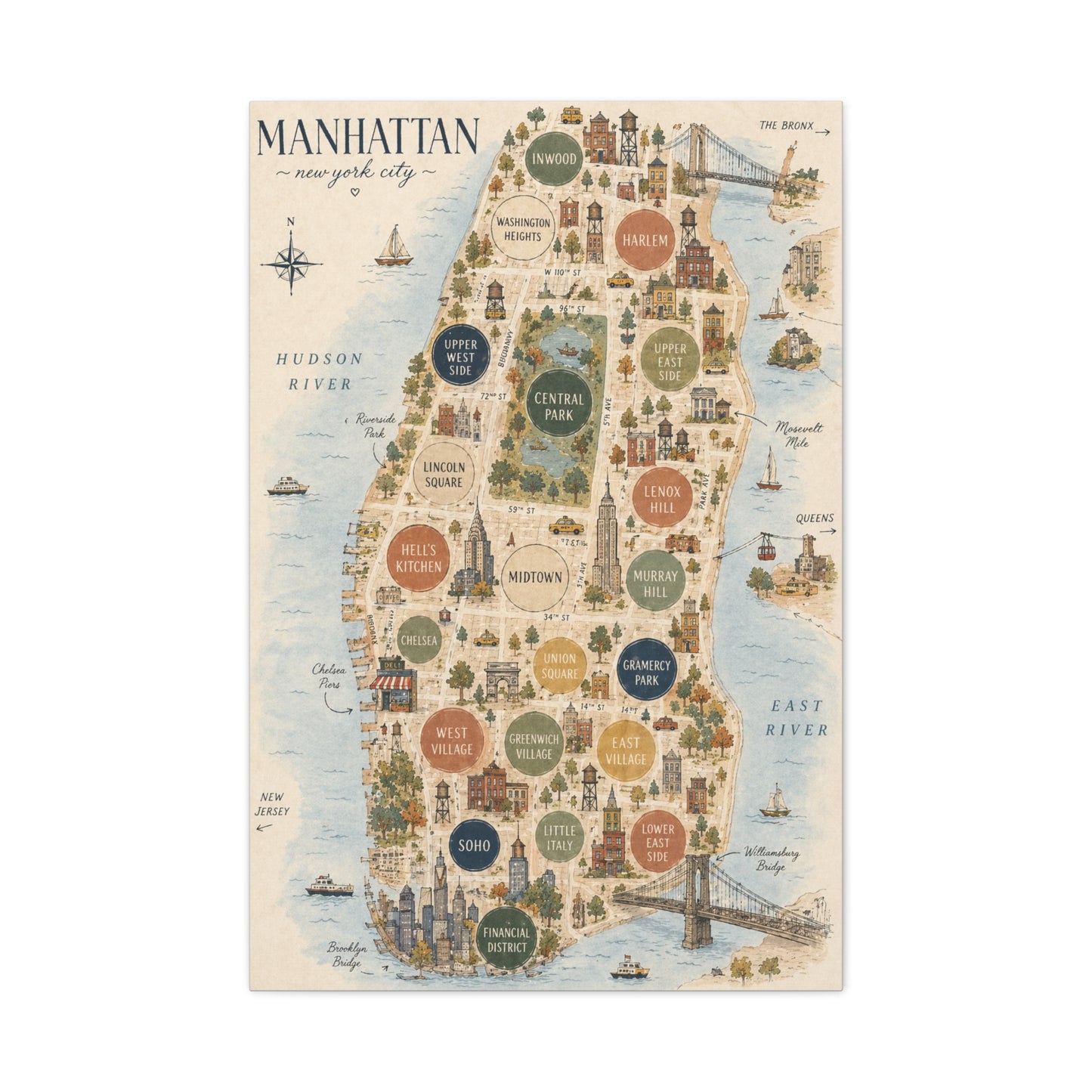 Manhattan Illustrated Map Composition Wall Art & Canvas Print