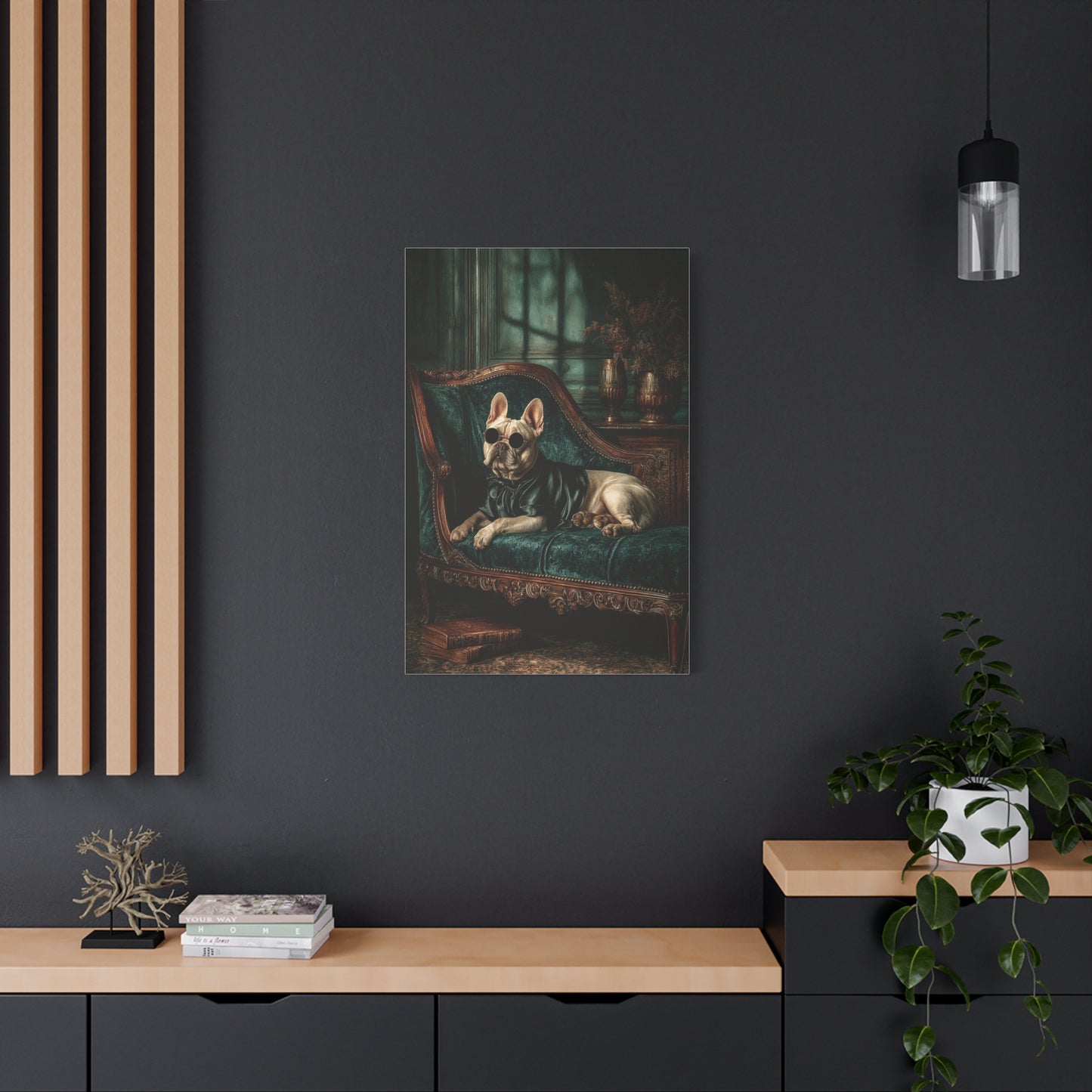 French Bulldog on Emerald Velvet Chaise Wall Art & Canvas Print