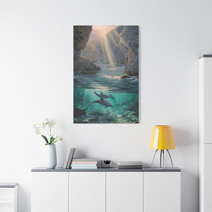 Dolphins Swimming Beneath Sunlit Coastal Waters Wall Art & Canvas Print