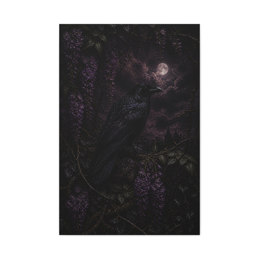 Raven in Wisteria Moonlit Scene Wall Art & Canvas Print