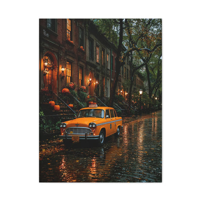 Rainy Autumn Brownstone Street Wall Art & Canvas Print