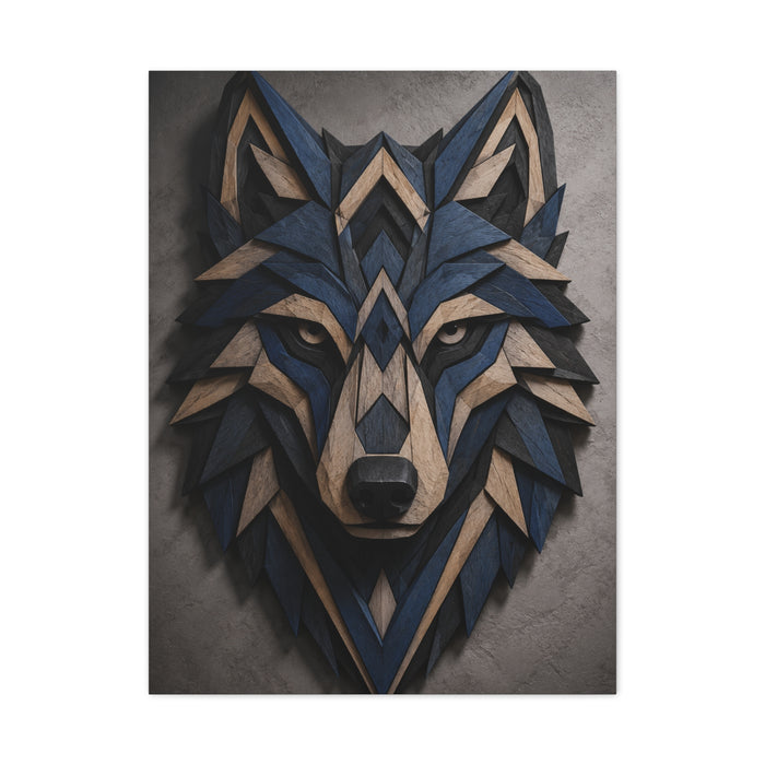 Layered Blue Geometric Wolf Head Sculpture Wall Art & Canvas Print